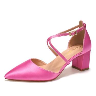 Imagem de Elivandon J1586 Sandália Feminina de Cetim Bico Fino Salto Médio 6cm Bloco Tira Longa Noiva Festa Casamento Cor Rosa Choque,Tamanho BR 39/EU 41