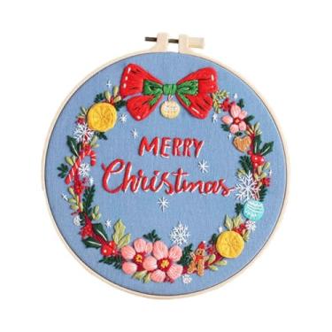 Imagem de Dynwave Kit de bordado de Natal incluindo linhas, bastidor, ponto cruz, conjunto de artesanato faça você mesmo para adultos, iniciantes, presente de Natal, Christmas Wreath B