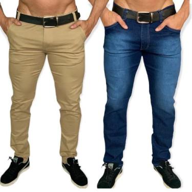 Imagem de Kit 2 Calças sarja masculino slim reta cores variadas - sky jeans, Beg
