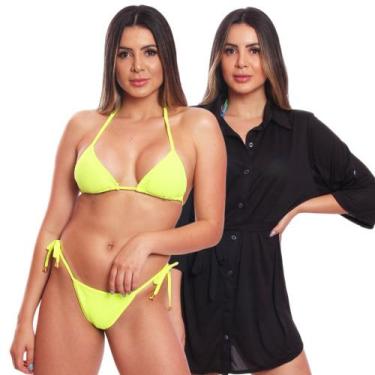 Imagem de Kit Saída de Praia Chemise Camisão Feminino + Biquini Cortininha de Am