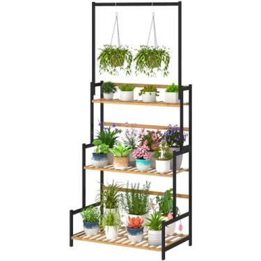 Imagem de Ufine Suporte de bambu para pendurar para plantas, prateleira de escada de 3 níveis com haste de pendurar ajustável, organizador de vaso de flores para varanda, varanda e sala de estar