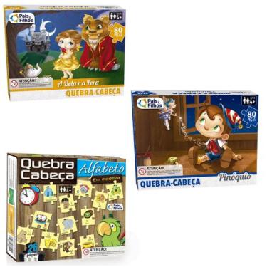 Imagem de Quebra Cabeça Infantil A Bela e a Fera + Pinoquio + O Alfabeto em Made
