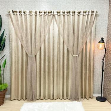 Imagem de Cortina com Voil de Pérolas Cetim Amassado Pérola 3,00m x 2,50m Bronze