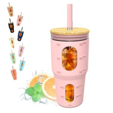 Imagem de tronco Copo de vidro de 947 ml com canudo e tampa, copo de café gelado para preparar smoothie para combinar com marcador de tempo, frascos reutilizáveis para beber chá Boba com manga de silicone, serve para suporte de copo, livre de BPA (rosa)