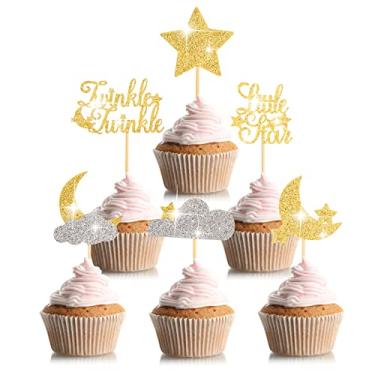 Imagem de 48 Pcs Glitter Little Star Cupcake Toppers Moon Cloud Cupcake Picks Twinkle Twinkle Little Star Baby Shower Decorations for Kids Birthday Wedding Party Cake Supply, Gold and Silver