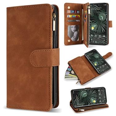 Imagem de ZZXX Capa para Google Pixel 7 com compartimento para cartão com bloqueio de RFID premium macio couro PU com zíper flip Folio com alça de pulso Capa protetora para Google Pixel 7 (6,4 polegadas marrom)