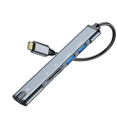 Imagem de QIANRENON Adaptador de estação de ancoragem multifuncional USB C 5 em 1 tipo C macho para dual USB2.0 TRRS 3,5 mm áudio TF/SD extensor de hub multiportas, para tablet, laptop, celular, cartão de