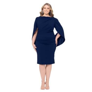 Imagem de Betsy & Adam Vestido feminino plus size de crepe midi com gola drapeada, Azul marino, 58
