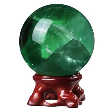 Imagem de Rockcloud Bola de cristal de fluorita natural com suporte de resina, escultura de bola decorativa de esfera de cristal polido para meditação Fengshui decoração de casa, 5 a 6 cm