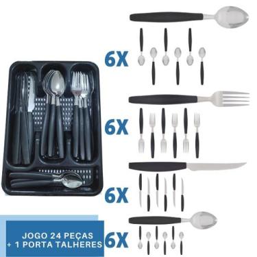 Imagem de Faqueiro 24 Pçs C/ 1 Porta Talheres Preto Aço Inox Berlim - EM CASA TE