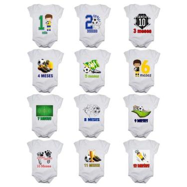 Imagem de Kit body bebê mesversario manga curta estampa futebol 12 bodies 1 a 12