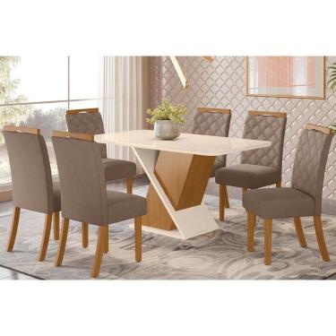 Imagem de Conjunto: Mesa Sala Jantar Solus c/ Tampo Curvo Madeirado c/ Vidro 160x90cm e 6 Cadeiras Bella Nature/Suede Light Marrom Amendoa - Henn