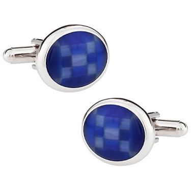 Imagem de Abotoaduras de vidro óptico de fibra de mosaico azul oval Cuff-Daddy com caixa de apresentação