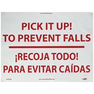 Imagem de NMC Placa de área restrita bilíngue M439PB, lenda "Pick It Up! to Prevent Falls", 35,5 cm de comprimento x 25,4 cm de altura, vinil sensível à pressão, vermelho sobre branco