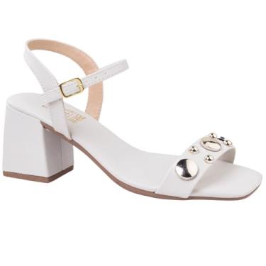 Imagem de Sandália Feminina Via Angel, Salto Bloco Médio, Couro Sintetico com Enfeites Metálicos, 8601 (Off White, BR, Adulto, Numérico, 39)