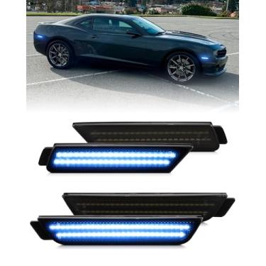 Imagem de PWOBVZ Luzes de LED laterais para Chevy Camaro 2010 2011 2012 2013 2014 2015 lentes fumê azul LED para-choque dianteiro traseiro embalagem lâmpadas, pacote com 4