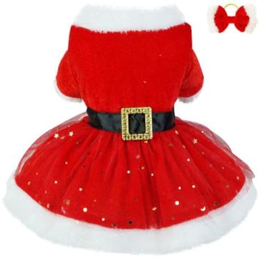 Imagem de Fantasia de Natal para cachorro, vestido de tule com scrunchie, roupas para animais de estimação de Papai Noel, saia de veludo, roupa quente para cães pequenos, médios e gatos, roupas de Natal para