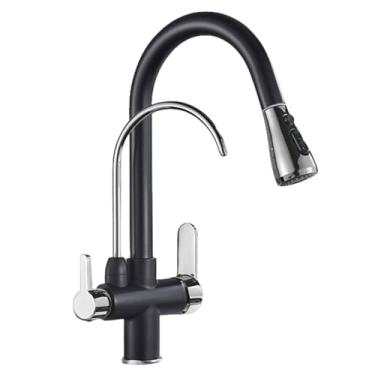 Imagem de Torneira de cozinha com filtro de água 2 em 1, torneira de purificação de cozinha de latão antigo, torneira giratória de 2 vias, preta e cromada B