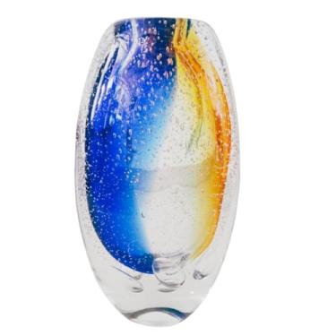 Imagem de Vaso de Vidro Murano Aurora Mek Transparente em Tons Âmbar e Azul, 15,5x8x29cm, Oblongo, Contemporâneo, Inacabada, Mex