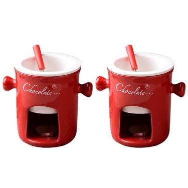 Imagem de ABPWO Caneca de fondue de chocolate, canecas de cerâmica para chocolate ou queijo, inclui garfos, 290 ml (2 vermelhos A)