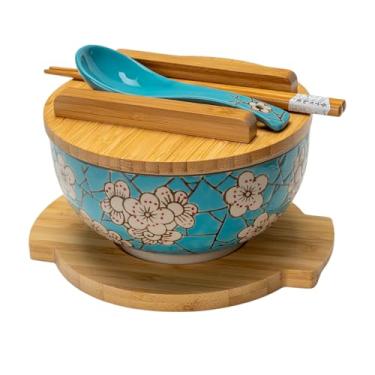Imagem de Hinomaru Collection Tigela de macarrão de arroz estilo Kamameshi japonês, com tampa de bambu, pauzinhos e colher de porcelana (flores da primavera)