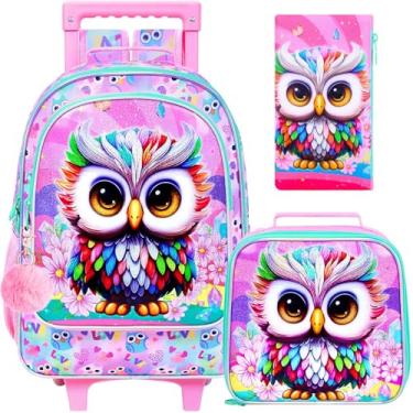 Imagem de HPJGD 3 peças de mochila com rodinhas de coruja para meninas, mochilas escolares infantis com rodas, resistente à água, impressão UV, conjunto de mochilas com rodas, Mochila rolante rosa com estampa