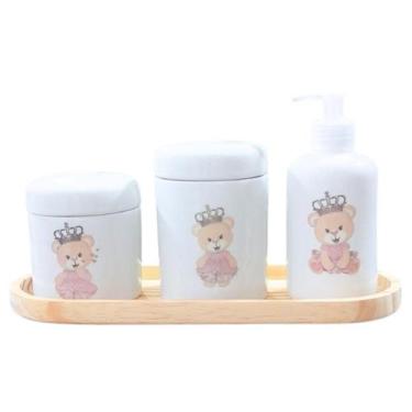 Imagem de Kit higiene bebê 4 peças Princesa ursinha - Bandeja, potes e porta álc