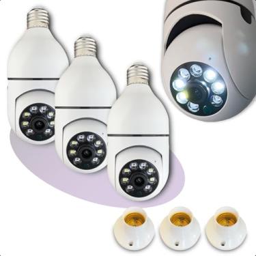 Imagem de KIT 3 Câmeras Lâmpadas Full HD 1080p Wi-Fi 2.4Ghz Visão Noturno Infravermelho Sensor de Movimento Panorâmica 360 graus Luz LED Alarme Suporte a Gravação Local com SDCard de até 128GB Segurança Espiã