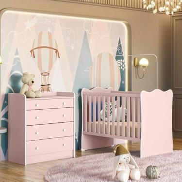 Imagem de Quarto de Bebê Doce Sonho com Cômoda 2523 e Berço Simples 1 Qmovi Rosa Acetinado + Colchão Physical