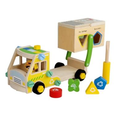 Imagem de YIJU Wooden Kids Tool Conjunto Construção Placa de brinquedo da pré -escola Aprendizando brinquedos de fenda de caminhão para crianças para 3 4 5 6 anos, Caminhão de Lixo