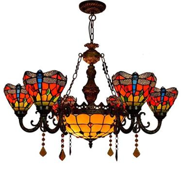 Imagem de errzom Lustre De Papagaio Estilo Vitoriano Tiffany De 6 Luzes, Luminária Pendente De Vidro Colorido Com Libélula Vermelha Europeia, Luminária De Teto Suspensa Para Sala De Estar, Sala De Jantar, Lib