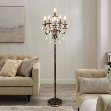 Imagem de Wellmet Luminária De Chão De Bronze Para Sala De Estar De Canto, Luminária De Pé Estilo Fazenda Com 6 Luzes, Luminária De Chão Alta De Cristal Com Pedal Para Escritório, Sala De Leitura, Quarto (Bas