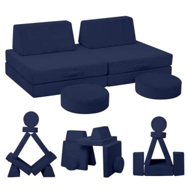 Imagem de MeMoreCool Sofá infantil para sala de jogos, sofá infantil conversível de veludo cotelê, 8 peças, conjunto de construção de forte de espuma para móveis de quarto de criança, azul marinho
