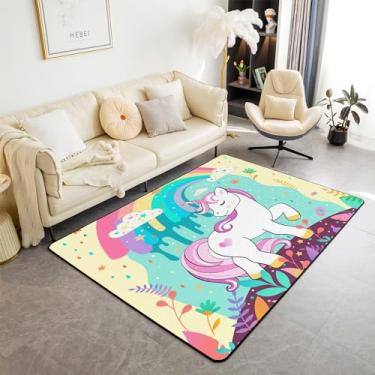 Imagem de jejeloiu Tapetes de unicórnio para sala de estar quarto para crianças arco-íris estrela impressa unicórnio tapete decorativo desenho animado arco-íris unicórnio tapete de área 3x5 unicórnio mágico tapete de chão interior leve tapete de destaque
