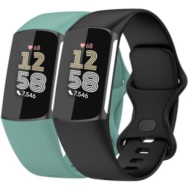 Imagem de Nacorulu Compatível com pulseiras Fitbit Charge 6/Fitbit Charge 5, pulseira de substituição de silicone macio para mulheres e homens, pacote com 2 (preto_verde, pequeno (14 a 19,8 cm)