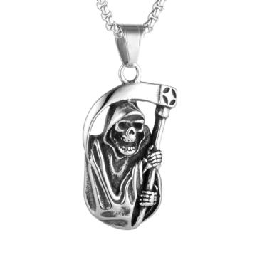 Imagem de Colar masculino e feminino gótico punk hip hop rock morte foice caveira, aço inoxidável 316L, corrente de pérola quadrada de aço inoxidável prata, joia vintage, Standard, Aço inoxidável, Sem Pedra