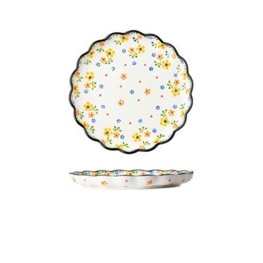 Imagem de Conjunto de tigela e prato de cerâmica prato criativo, prato de vegetais doméstico, tigela de arroz, sopa de orelha dupla, tigela de macarrão - pequena flor amarela prato raso de 26,7 cm