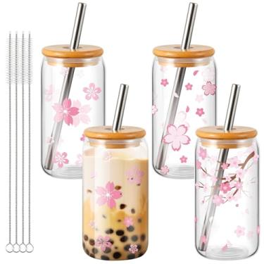 Imagem de Zhehao 4 peças Sakura Bubble Tea Cups 473 ml canecas de café gelado pote de pedreiro com tampa e canudo kawaii copos de vidro fofos copo de chá com design sakura largo reutilizável para mulheres