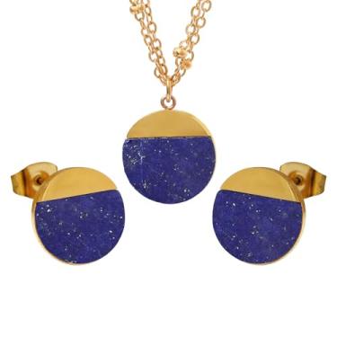 Imagem de TaYolnFaSo Conjunto de colar e brincos de pedra natural para mulheres, banhado a ouro 18 K, joias de cura verdadeiras, presente para mãe e esposa, Aço inoxidável, Lápis-lazúli