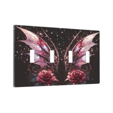 Imagem de Yamxbfa Placa decorativa para interruptor de luz, gótica, novidade, borgonha, asas brilhantes, rosa vermelha, 4 gangs, placa de parede grande para interruptor quádruplo placa de cobertura jumbo