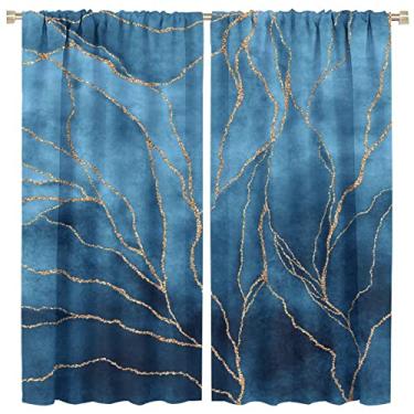 Imagem de Cortinas blecaute de mármore, cortinas de mármore abstratas azul marinho aquarela dourada com glitter, para sala de estar, quarto, 107 x 114 cm, 2 painéis