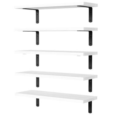 Imagem de DOLLFIO Prateleiras flutuantes, 5 conjuntos de prateleiras de parede, prateleiras flutuantes de madeira para decoração de parede de quarto, prateleira flutuante de banheiro para armazenamento, prateleira flutuante para livros, sala de estar - branca