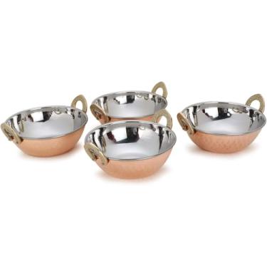 Imagem de AVS STORES ® Conjunto de 4, tigela indiana de cobre para servir vegetais Karahi com cabo de latão sólido para comida indiana, diâmetro - 13 cm, prata