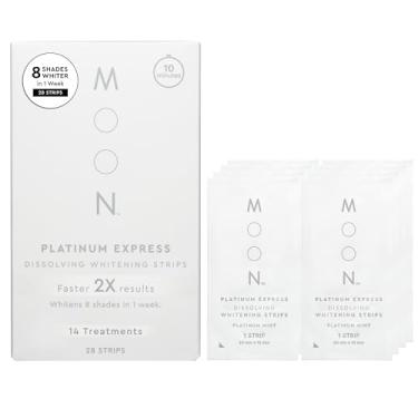 Imagem de MOON Tiras de Clareamento Dental Platinum Express, Clareia até 8 Tons em 1 Semana, Proteção do Esmalte, Dissolução Rápida, Suave para Dentes Sensíveis, Vegano, Sabor Menta de Inverno