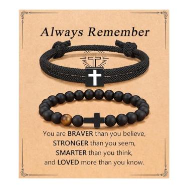 Imagem de FIRAZIO 2 peças de presentes cristãos de Páscoa para homens, pulseiras de cruz com recheios de cesta de Páscoa para homens, presentes cristãos de confirmação de aniversário, pulseiras inspiradoras de