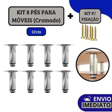 Imagem de Kit 8 Pé Para Móveis Armários Regulável Redondo Cromado 12cm - HD Ferr