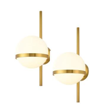 Imagem de Pacote com 2 luminárias de parede, arandelas de vidro globo retrô, luminária de parede de vidro branco-leite moderna, iluminação de banheiro dourada/preta E27, iluminação de decoração de cas