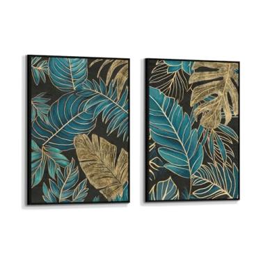 Imagem de Arte de parede em tela de folha emoldurada: pintura botânica tropical impressão texturizada sala de estar folhas de palmeira Monstera imagem de planta boho vertical quarto decoração de arte