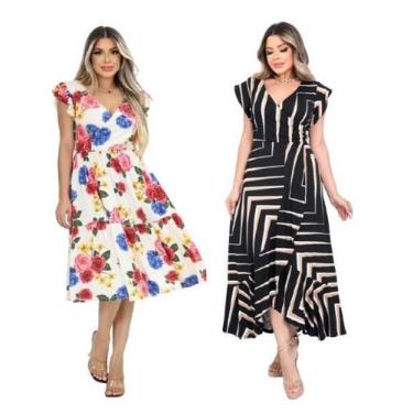 Imagem de Kit 2 Vestido Feminino Longo/Midi Decote V Amarração Cintura Malha Vis
