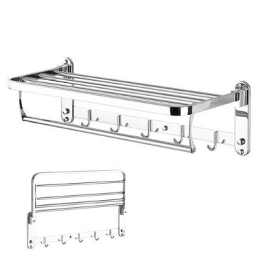 Imagem de Varal Toalheiro Duplo Inox Prateleira Porta Toalha Roupa Banheiro Ganc